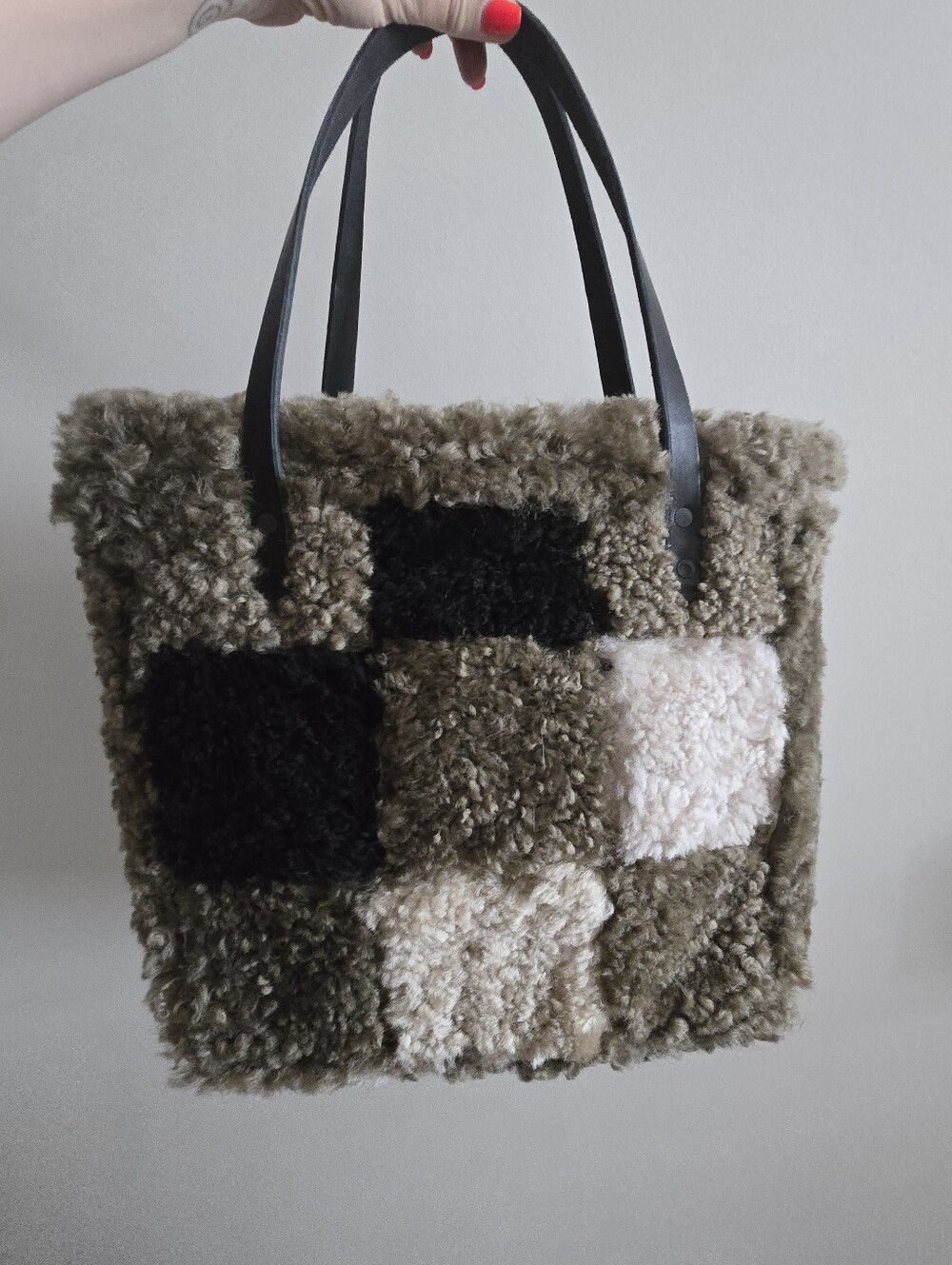Cozy Patchwork Shearling Tote in Olive, Black & Cream